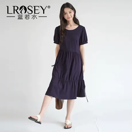 蓝若水大码女装2025夏季新品不规则抽褶连衣裙胖MM简约气质A字裙商品大图