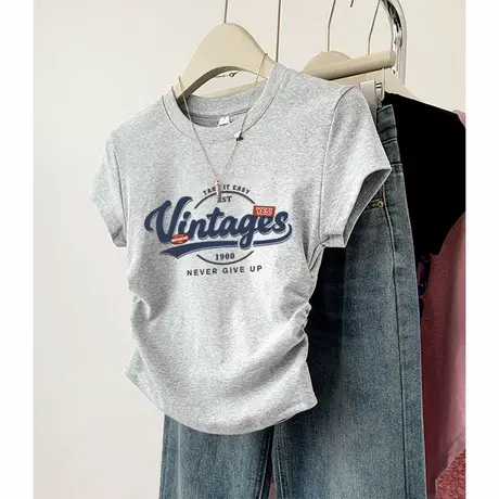 KWV真维斯短袖女t恤夏美式印花半袖2025新款流行修身设计感上衣商品大图