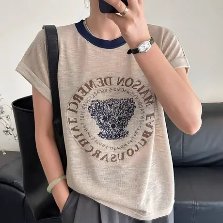 竹节麻针织短袖t恤女2025新款夏季薄款宽松显瘦卡通减龄上衣女装图片