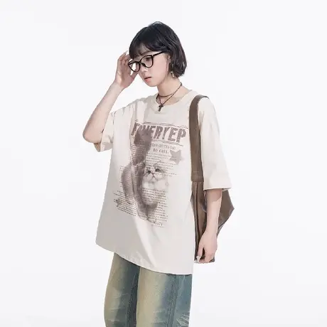 YEP卡通猫咪印花短袖t恤女春季2025新款复古情侣半袖宽松潮牌上衣图片