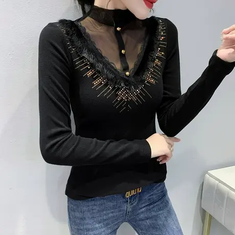 网纱拼接加绒打底衫女秋冬名媛气质烫钻上衣半高领保暖T恤长袖潮图片