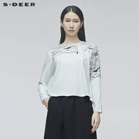 sdeer圣迪奥春秋女装涂鸦圆领长袖基本款棉质白色T恤S20180222🛥商品大图