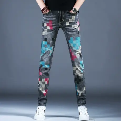 2024新款印花牛仔裤男炸街痞帅裤子美式高街春夏薄款印花修身小脚商品大图