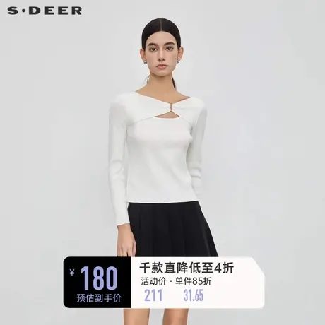 sdeer圣迪奥女装优雅V领拼接碎褶修身针织衫S23463515🏓商品大图