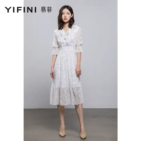 Yifini/易菲法式气质波点白色连衣裙收腰中长款裙女夏季新款商品大图