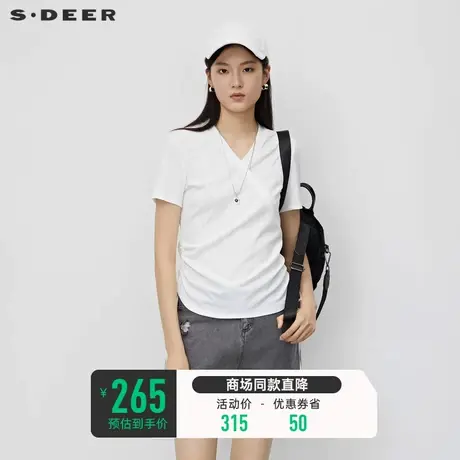 sdeer圣迪奥女装罗纹V领系带拼接短袖T恤S23280126🎶商品大图