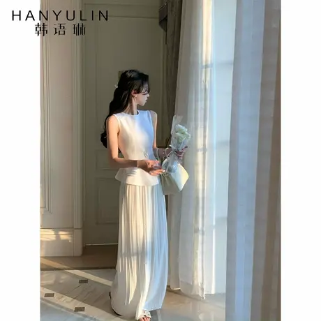 韩语琳 垂坠感白色压褶阔腿裤女2025夏季高级感高腰休闲宽松长裤商品大图