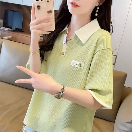 翻领polo衫短袖t恤女夏季韩版宽松大码女装设计感小众华夫格上衣图片