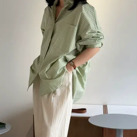 新款长袖条纹衬衫女中长款韩版宽松大码大口袋防晒衣时尚百搭衬衣商品大图