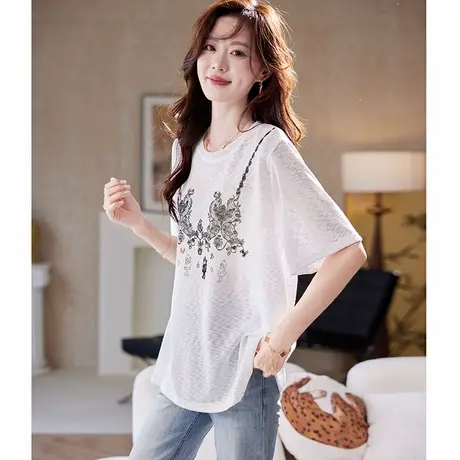 宝诗黎圆领宽松印花短袖T恤女2025夏季韩系百搭慵懒休闲气质上衣图片