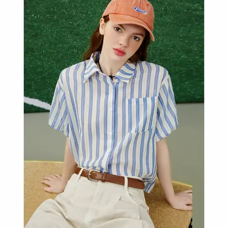 a02【100%棉】简约条纹花苞袖上衣夏季休闲女式衬衫图片