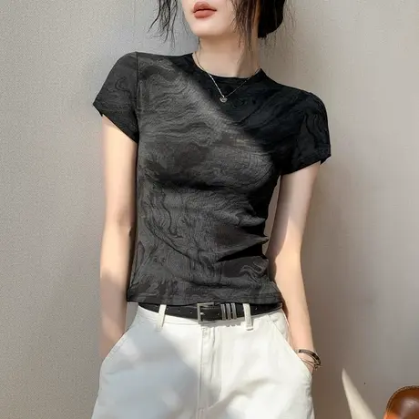 圆领扎染短袖T恤女2025夏季新款修身显瘦国风小众正肩内搭上衣女图片