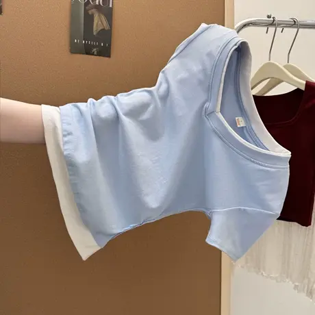 辣妹褶皱收腰假两件短袖T恤女夏季修身韩版打底衫短款正肩上衣服商品大图