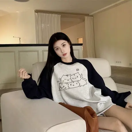 复古风oversize大码拼色插肩袖卫衣加绒ins秋冬上衣情侣美式外套商品大图