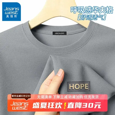 GV真维斯男士夏季短袖t恤男美式深灰色重磅半袖男生华夫格体恤B图片