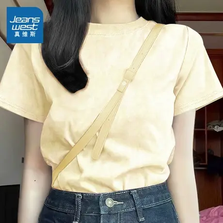 KMV真维斯杏色扎染短袖t恤女2025新款夏高级感小个子正肩上衣体恤商品大图