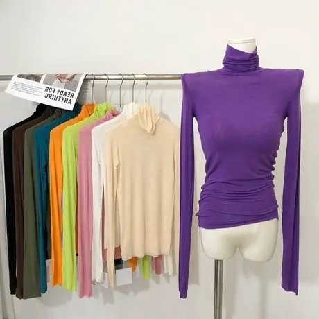 打翻了调色盘 ~ 轻薄透气高领修身弹力长袖T恤堆堆领打底衫内搭秋图片