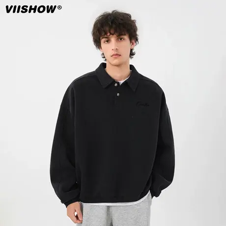 VIISHOW美式复古翻领卫衣男秋季宽松百搭潮牌长袖polo套头衫上衣图片