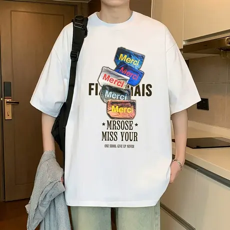 短袖T恤男夏季2025新款重磅纯棉圆领体恤宽松潮牌休闲美式上衣服商品大图