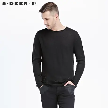 sdeerhe圣迪奥男装秋季纯色舒适潮流做旧破洞圆领针织衫H15373514图片
