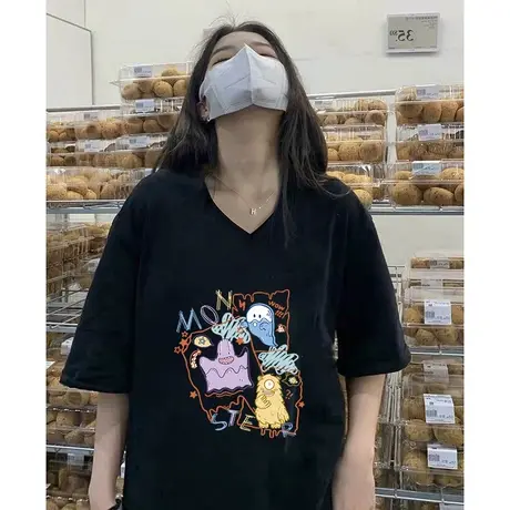 港味oversize大码高级感V领上衣女夏季ins潮小众纯棉休闲短袖T恤商品大图