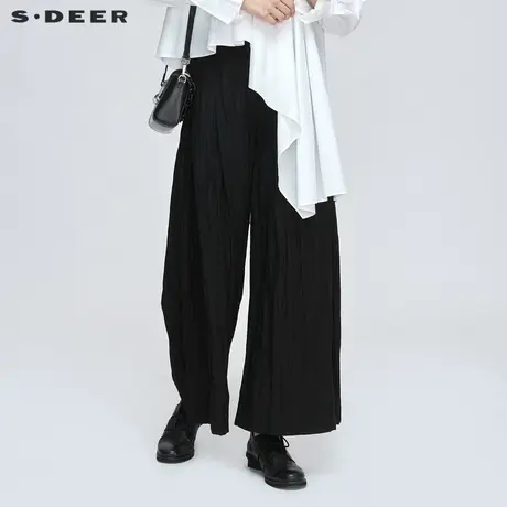 sdeer圣迪奥简约肌理褶皱阔腿黑色长裤S21280829图片