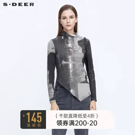 sdeer圣迪奥秋装高领人物印花不规则长袖T恤女S21180205图片