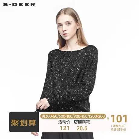 sdeer圣迪奥女时尚休闲圆领撞色肌理罗纹下摆长袖毛衣S191A3506图片
