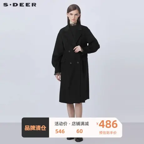 sdeer圣迪奥女装毛呢西装领双排扣泡泡袖长款毛呢大衣S21461827😊商品大图