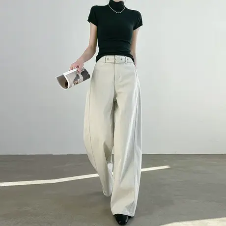 弯刀牛仔裤女2025春秋设计感系带阔腿白灰色休闲宽松拖地直筒长裤商品大图