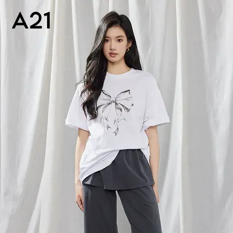 女装白色宽松T恤简约印花蝴蝶结短袖中长款上衣图片