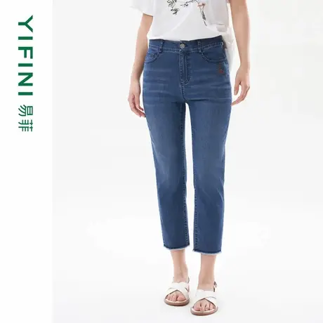[专柜同款]Yifini/易菲显瘦锥型裤女夏装新款八分猫须牛仔裤商品大图
