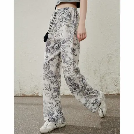 a02国风新中式水墨染碎花设计薄款阔腿裤夏季个性女式休闲裤商品大图
