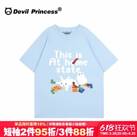 设计感ins风卡通印花奶蓝色短袖t恤女无性别穿搭宽松超火正肩上衣商品大图