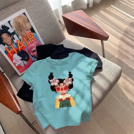 湖蓝色趣味卡通短袖t恤女夏季2025新款美式正肩修身设计感短上衣商品大图