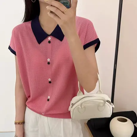 2025夏季新款条纹polo领设计感短袖针织衫女洋气薄款宽松显瘦上衣图片