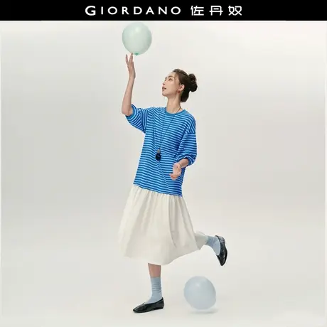 设计师款佐丹奴假两件连衣裙女新款拼接条纹圆领中袖裙子18465822商品大图