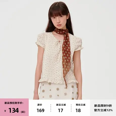 【7/08 20点新品9折】omont蛋挞家复古泡泡袖系带圆领短袖衬衫女图片