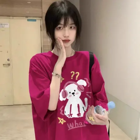 2025新款百搭白色短袖t恤女大童夏季初中高中学生小个子宽松上衣商品大图