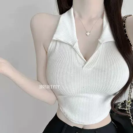 现货 东大门 LL061穿出蝴蝶骨~纯欲翻领露背无袖T恤上衣图片