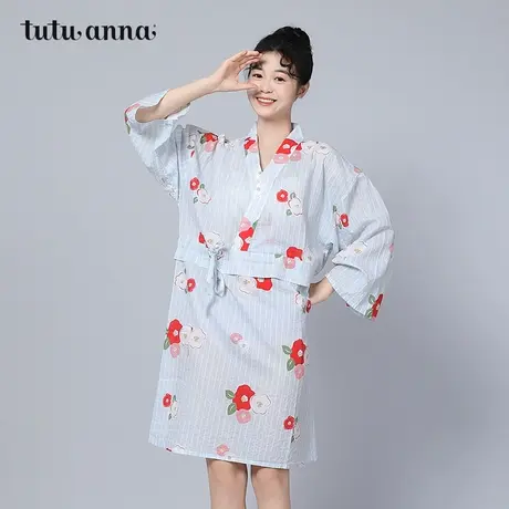 tutuanna春夏睡衣女家居服长袖睡裙 花朵满印透气和服长款睡裙女商品大图