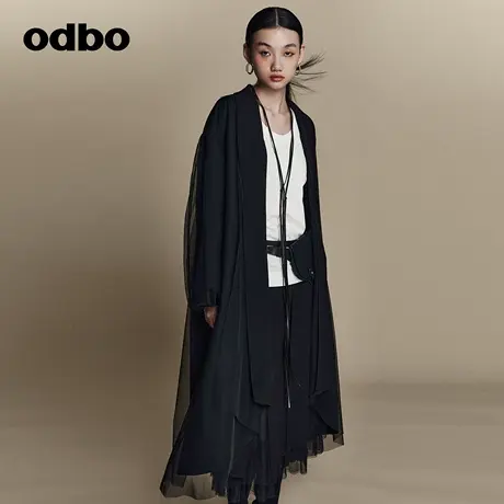 odbo 小众衣服设计感高级初春外套女纱网拼接不规则长款黑色开衫图片