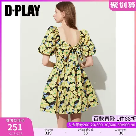 DPLAY2023夏新法式罗马假日黄调雏菊绑带蝴蝶结蓬蓬公主大摆裙商品大图