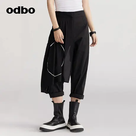 odbo/欧迪比欧原创设计感拼接印花休闲裤女夏装新款修身长裤商品大图