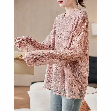 宝诗黎圆领亮片镂空雪纺衫2025春季时尚洋气两面穿百搭休闲女装商品大图