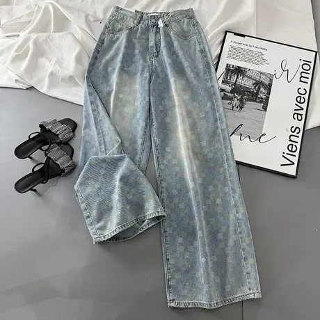 2025夏季新款彩色棋盘格阔腿牛仔裤女高腰显瘦慵懒薄款直筒拖地裤图片