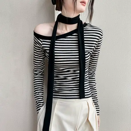 莱赛尔条纹长袖T恤女2025春季新款修身甜辣内搭打底衫斜角肩上衣商品大图