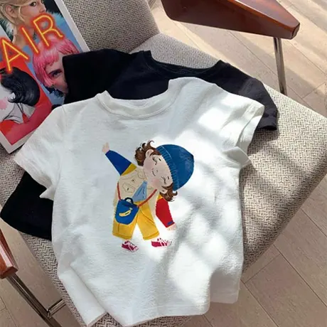 美式复古韩系辣妹卡通印花短袖T恤女修身显瘦打底衫正肩短款上衣商品大图