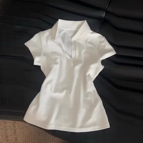 白色V领POLO衫短袖T恤女夏季韩版修身chic甜辣紧身收腰半袖上衣潮商品大图