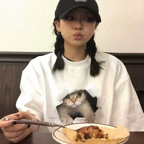 大码可爱猫咪白色短袖t恤女oversize夏季体桖衫宽松半袖上衣ins潮商品大图